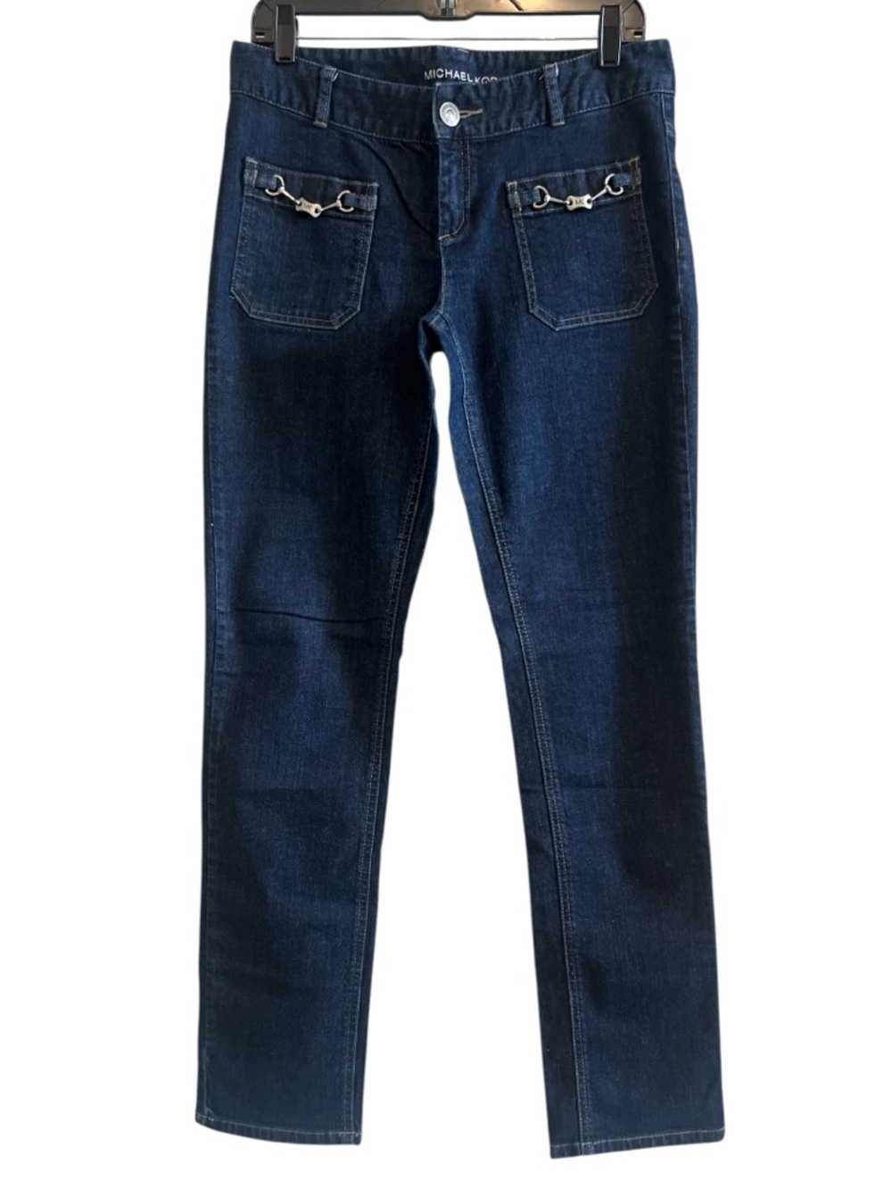 Michael Kors Women’s Dark Low Rise Blue Skinny Jeans with Silver Hardware